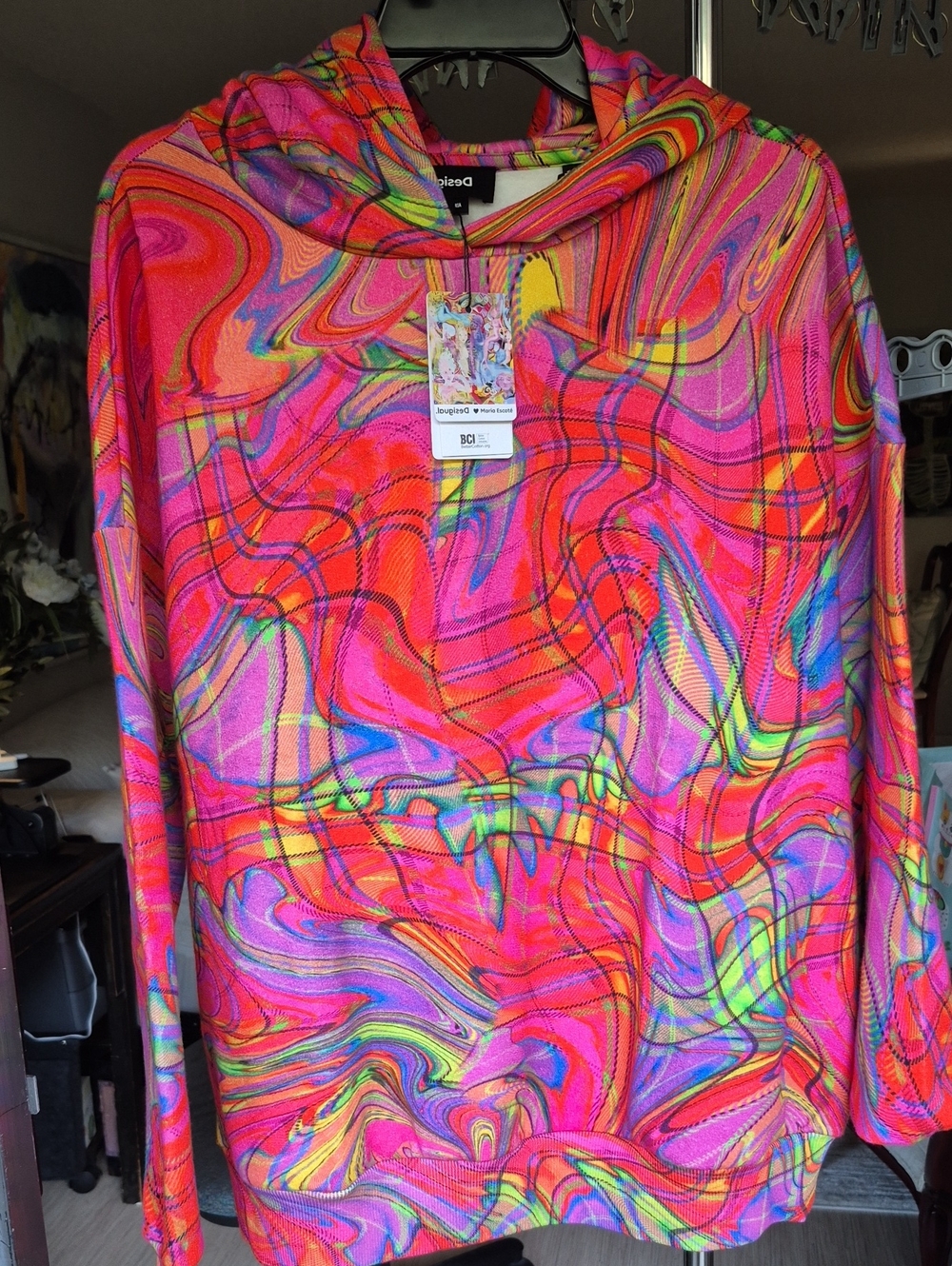 Desigual Hot Pink Multi Swirl Print oversize hoodie Sm NWT
